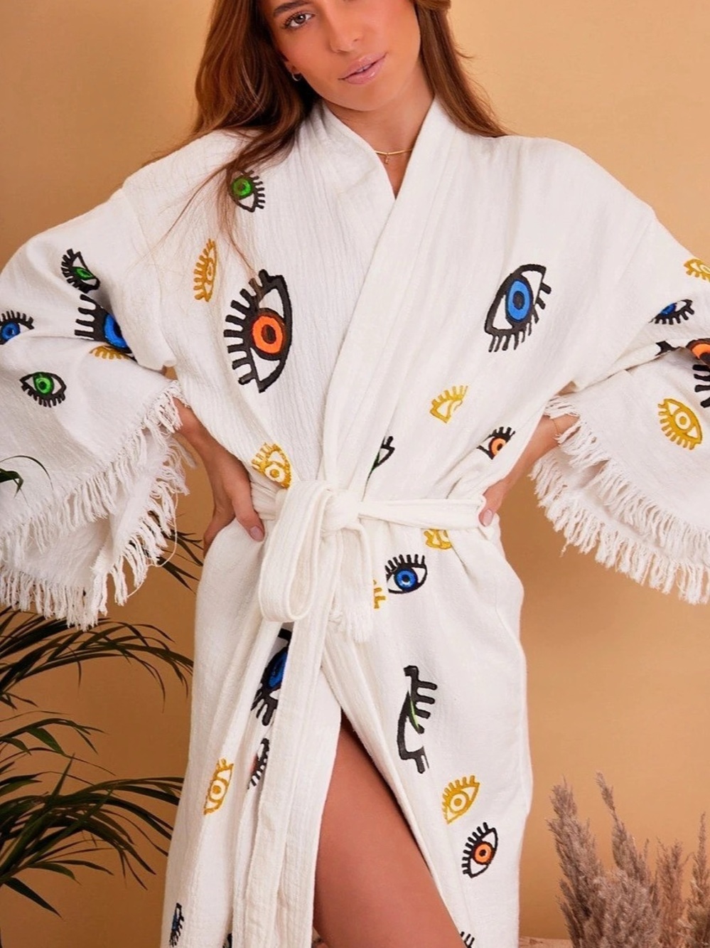 Evil Eye Print Kimono Robe in White NWT
